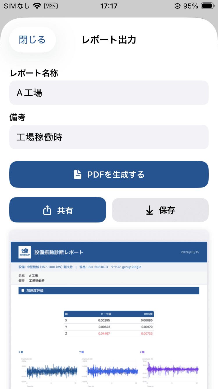 SOMEQUIPのレポート出力・共有・保存画面